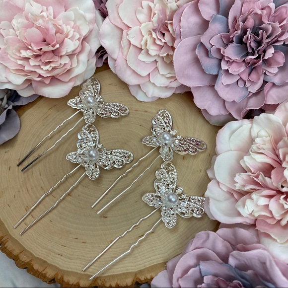 4 Pcs Crystal Butterfly Bridal Hair Pin Set - Picture 7 of 15